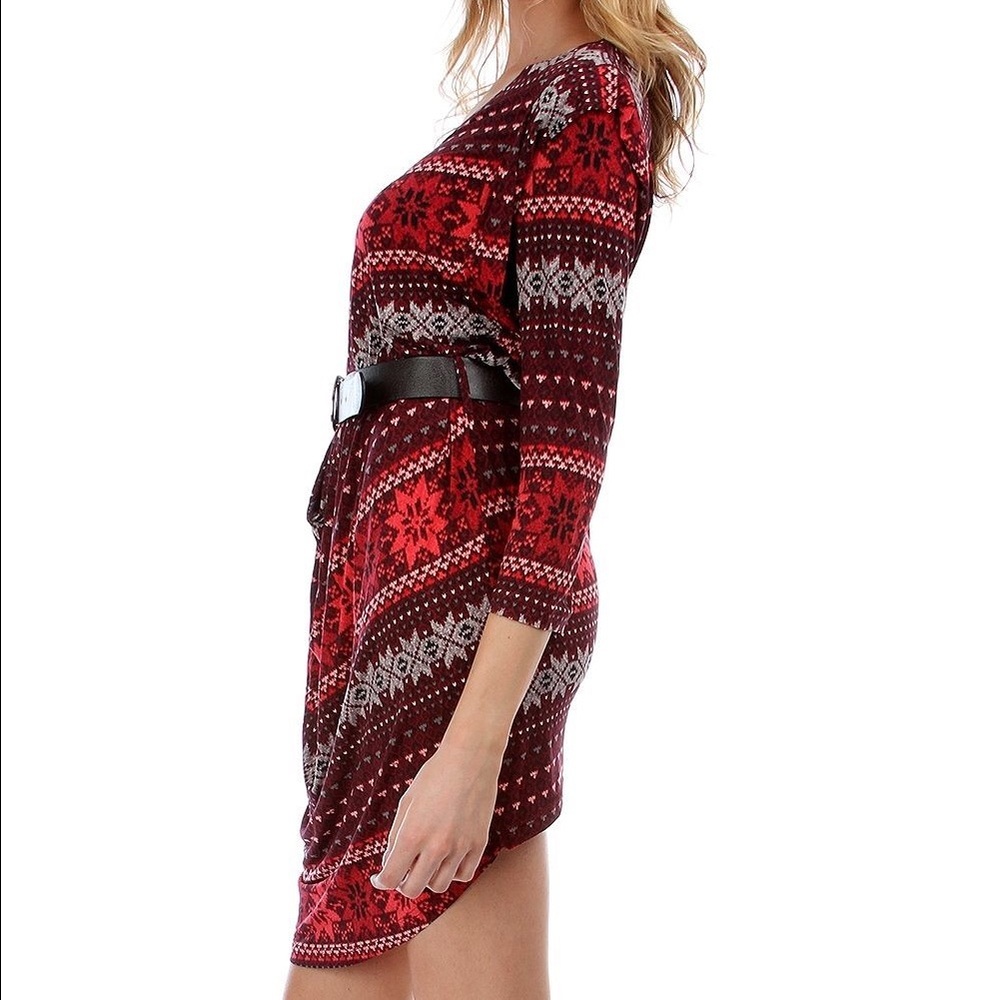 Burgundy Snowflake Pattern Draped Tunic Ruffle Mini Dress - Picture 2 of 4